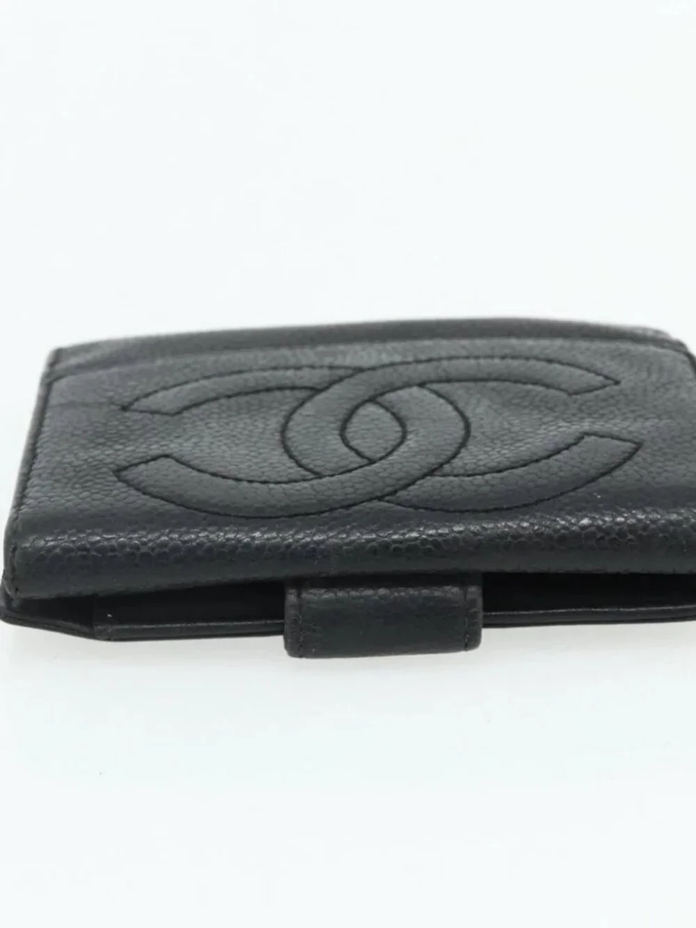 CHANEL Bifold Wallet Grained Calf Skin Black Gold CC Auth bs34761